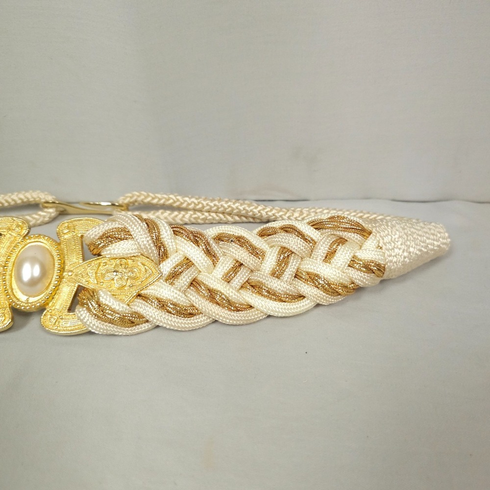 Vintage Braided Rope Cinch Belt Women M / L Gold Ivory White Faux Pearl Glam - Picture 4 of 12
